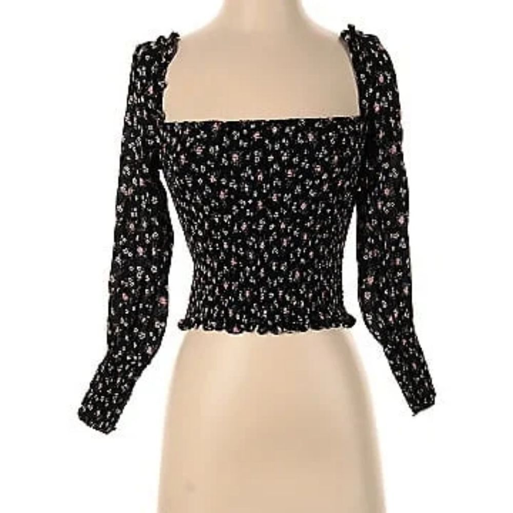 Reformation Pinto Long Sleeve Black Floral Print Square Neck Top size S